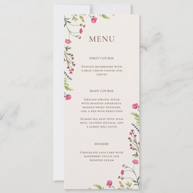 Elegant Floral Pink Green Bridal Shower Menu Card (Front)