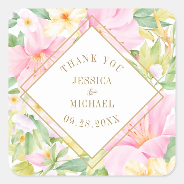 Elegant Floral Pink Green Wedding Thank You Square Sticker (Front)