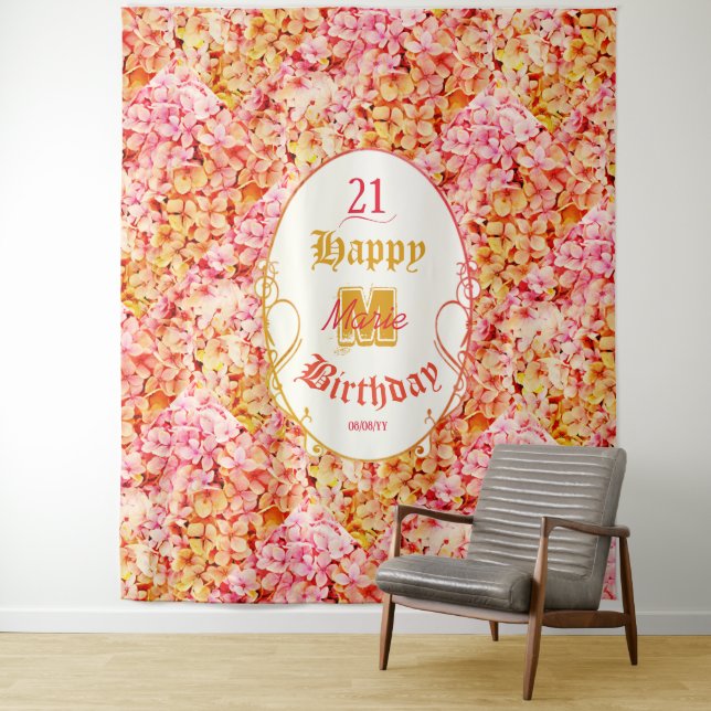 Elegant Floral Pink Happy 21st Birthday Backdrop Tapestry (In Situ)