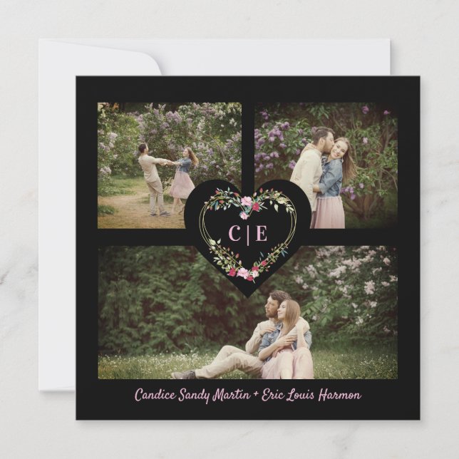 Elegant Floral Pink Heart 3 Photos Engagement Invitation (Front)
