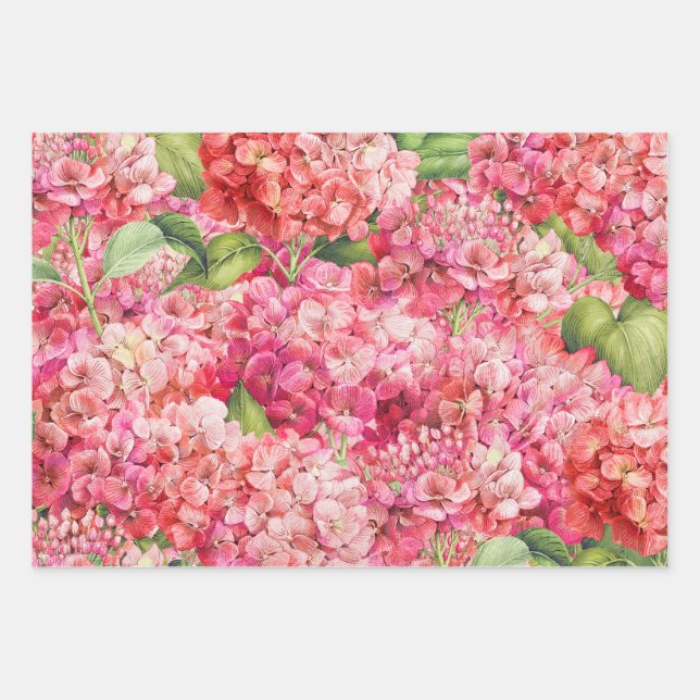 Elegant Floral Pink Hydrangea Pattern Wrapping Paper Sheet (Front 3)