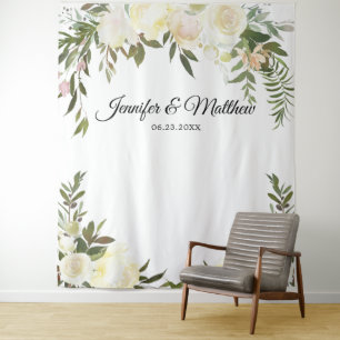 Elegant Floral Pink Ivory Wedding PHOTO BACKDROP Tapestry