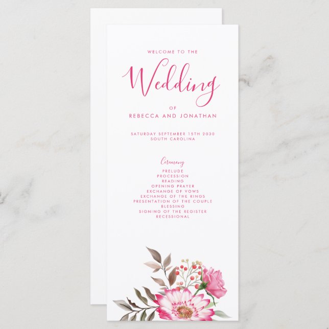 Elegant Floral Pink Minimal Wedding Program (Front/Back)