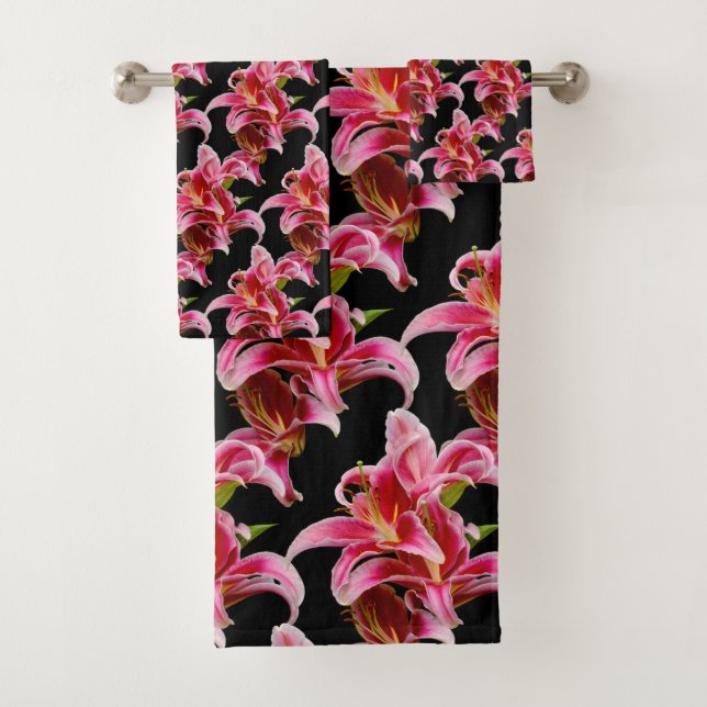 Elegant Floral Pink Oriental Lilies Bath Towel Set (Insitu)