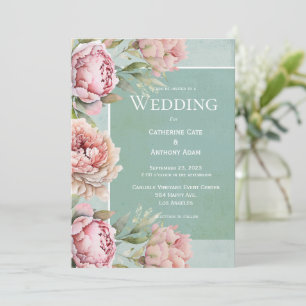 Elegant Floral Pink Peonies Watercolor Wedding Invitation