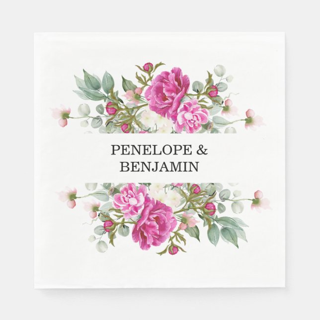 Elegant Floral Pink Peony Monogram Wedding Napkin (Front)