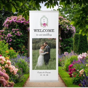 Elegant Floral Pink Peony Monogram Wedding Retractable Banner