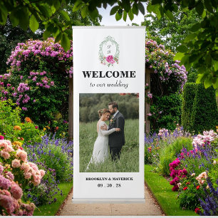 Elegant Floral Pink Peony Monogram Wedding Retractable Banner