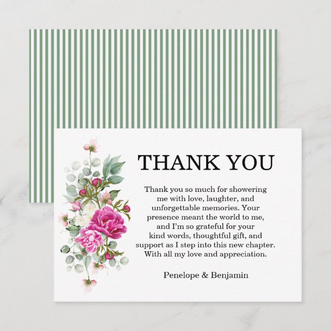 Elegant Floral Pink Peony Monogram Wedding Thank You Card (Front/Back)