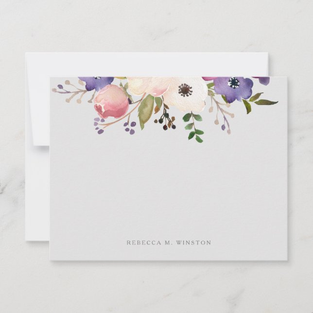 Elegant Floral Pink Purple Personalised Stationery Card (Front)