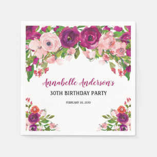 Elegant Floral Pink Purple Watercolor Birthday Napkin