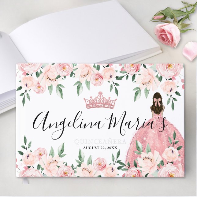 Elegant Floral Pink Quinceanera Guest Book (Elegant Floral Purple Quinceanera Foil Guest Book )