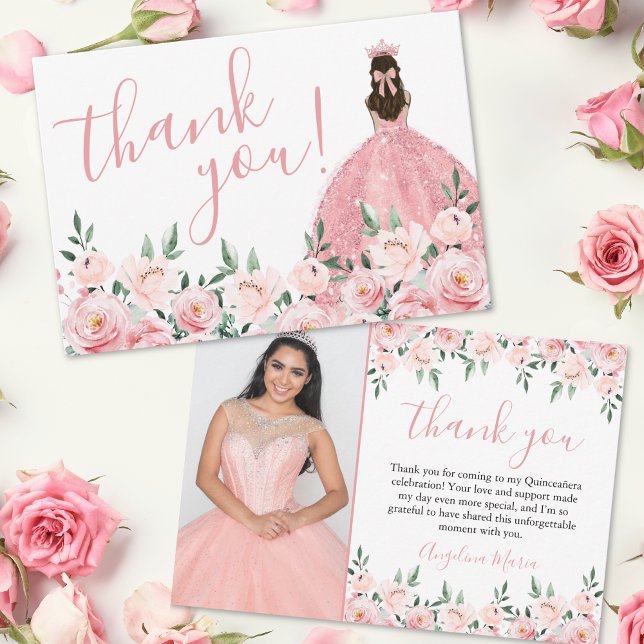 Elegant Floral Pink Quinceañera Photo Thank You Card (Elegant Floral Pink Quinceañera Photo Thank You Card)