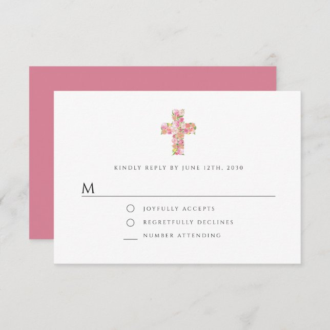 Elegant Floral Pink Religious Cross Girl Baptism RSVP Card (Front/Back)