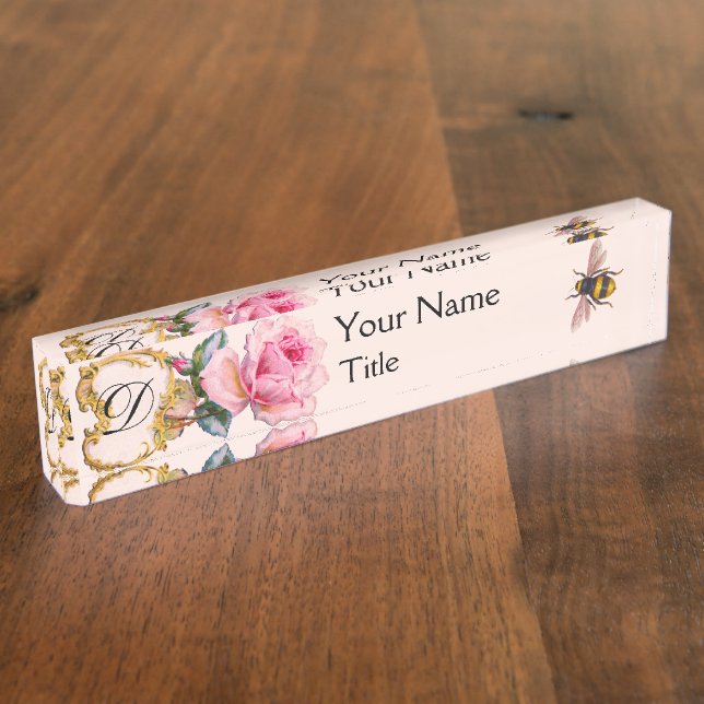 ELEGANT FLORAL, PINK ROSE AND HONEY BEE  MONOGRAM NAMEPLATE (Side)