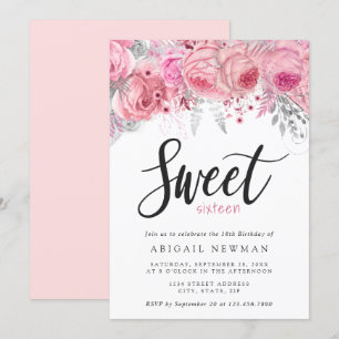 Elegant floral pink rose gold silver sweet sixteen invitation