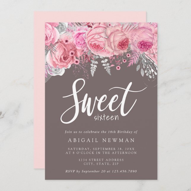 Elegant floral pink rose gold silver sweet sixteen invitation (Front/Back)
