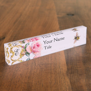 ELEGANT FLORAL,PINK ROSE ,HONEY BEE MONOGRAM Lilac Nameplate