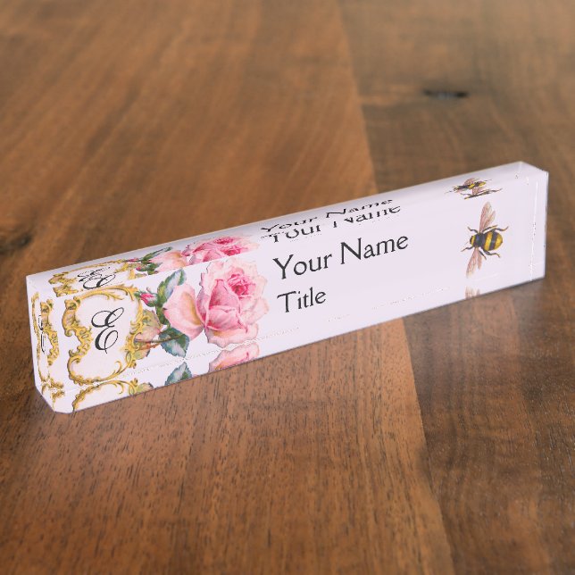 ELEGANT FLORAL,PINK ROSE ,HONEY BEE MONOGRAM Lilac Nameplate (Side)