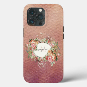 Elegant Floral Pink Rose Vintage Gold Script Name iPhone 13 Pro Case