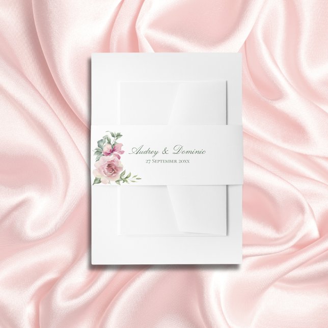 Elegant Floral Pink Roses Botanical Wedding Invitation Belly Band (Elegant floral wedding invitation belly band with pink roses and greenery for rustic garden weddings)
