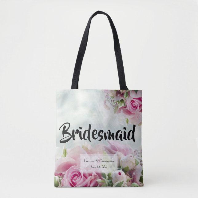 Elegant Floral Pink Roses Bridesmaid Wedding Tote Bag (Front)