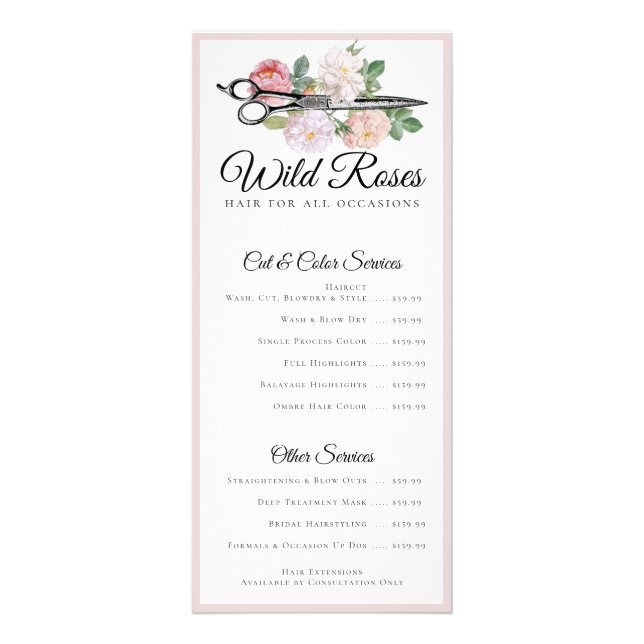 Elegant Floral Pink Roses Hairstylist Price List Rack Card (Front)