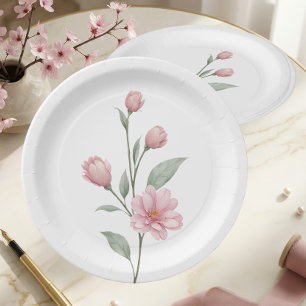 Elegant Floral Pink Sage Spring Garden Wedding Paper Plate