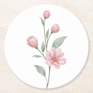Elegant Floral Pink Sage Spring Garden Wedding Round Paper Coaster