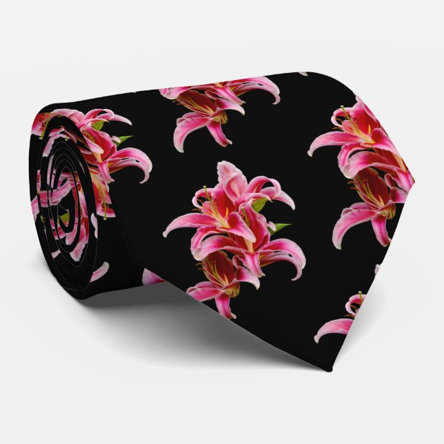 Elegant Floral Pink Stargazer Oriental Lilies Tie (Rolled)