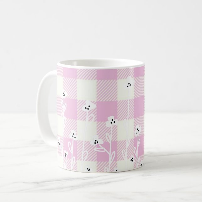 Elegant floral pink white plaid gingham coffee mug (Front Left)