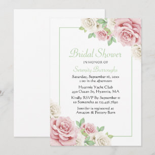 Elegant Floral Pink White Rose Bridal Shower Invitation