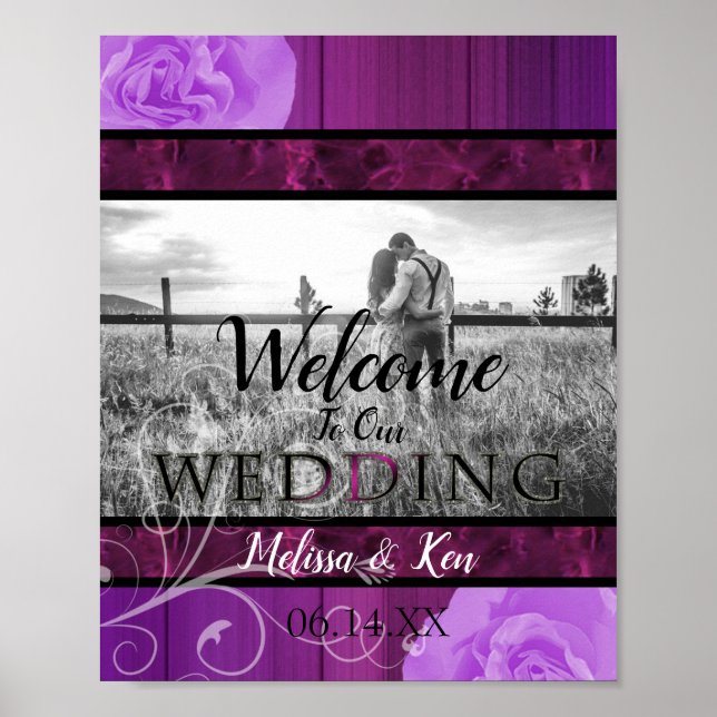 Elegant floral plum & black Wedding Welcome Sign (Front)