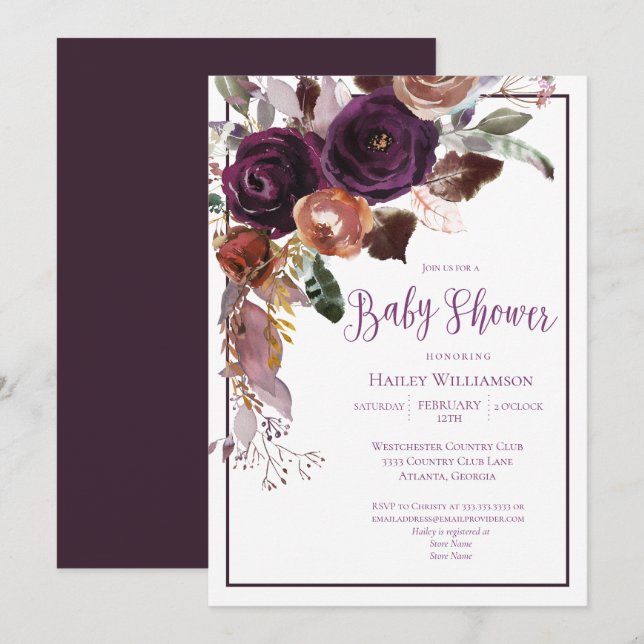 Elegant Floral Plum Purple and Gold Baby Shower Invitation (Front/Back)