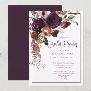 Elegant Floral Plum Purple and Gold Baby Shower Invitation