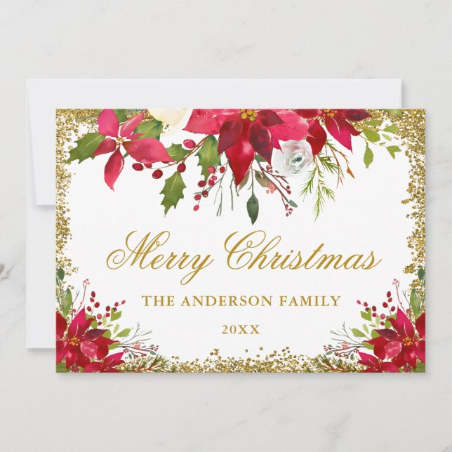Elegant Floral Poinsettia Christmas Gold Glitter Card (Front)