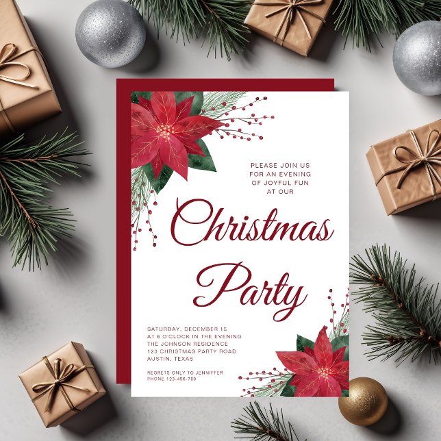 Elegant Floral Poinsettia Christmas Party Invitation (Elegant Floral Poinsettia Christmas Party Invitation)