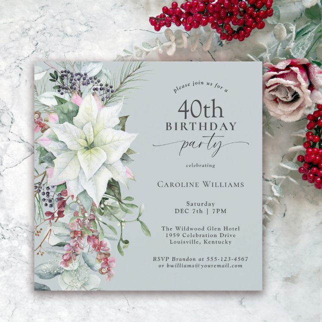 Elegant Floral Poinsettia December 40th Birthday Invitation (Available in both printed and instant download digital format.)