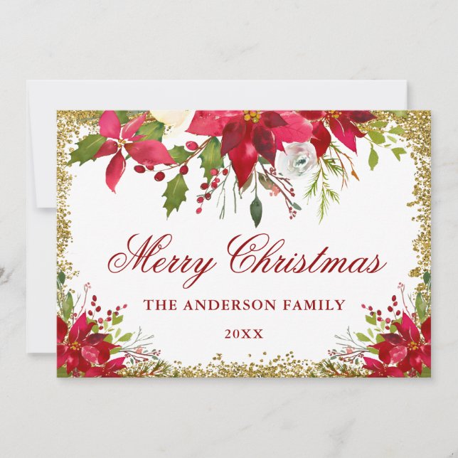Elegant Floral Poinsettia Gold Glitter Christmas Card (Front)