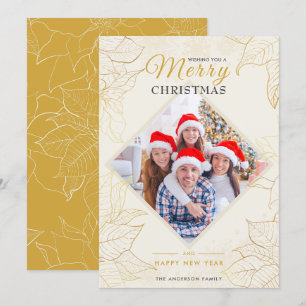 Elegant Floral Poinsettia Gold Photo Christmas Holiday Card