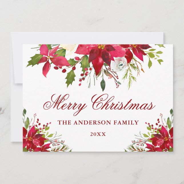 Elegant Floral Poinsettia Merry Christmas Card (Front)