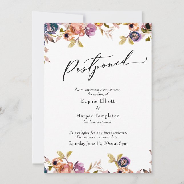 Elegant Floral Postponed Wedding Announcement (Front)