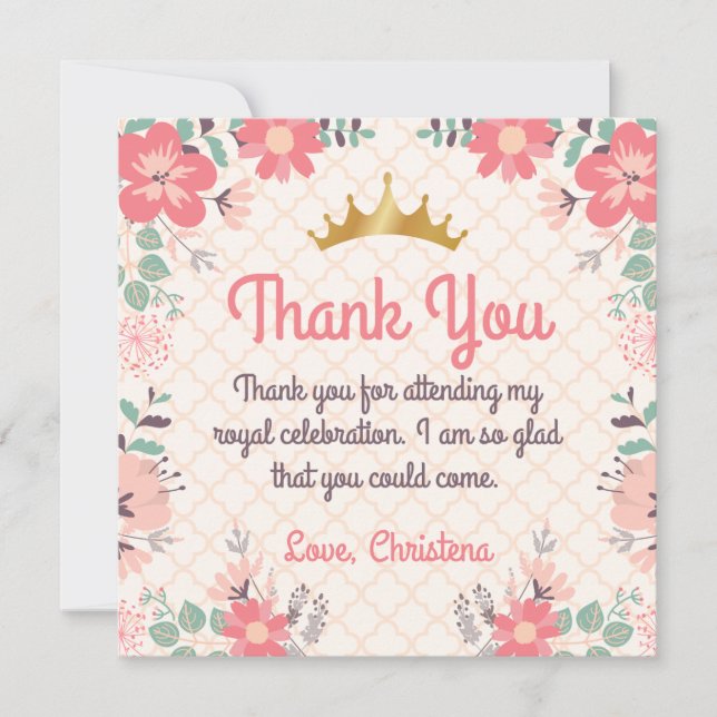Elegant Floral Princess Birthday Thank You Card (Front)