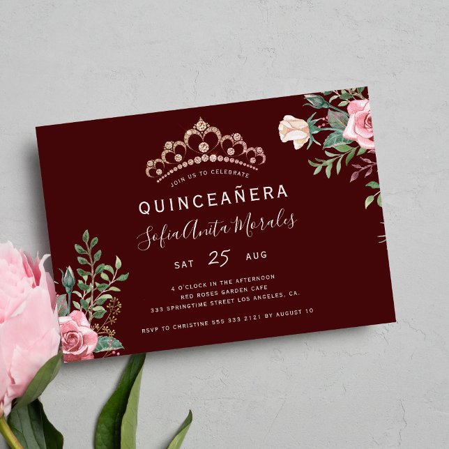 Elegant floral princess tiara burgundy Quinceanera Invitation (Creator Uploaded)