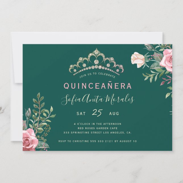 Elegant floral princess tiara green Quinceanera Invitation (Front)