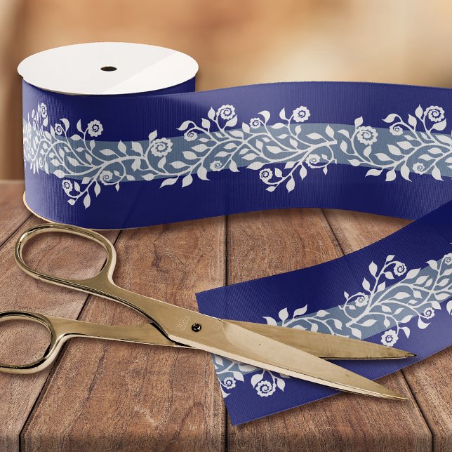 Elegant Floral Print Modern Navy & Dusty Blue Grosgrain Ribbon (Creator Uploaded)