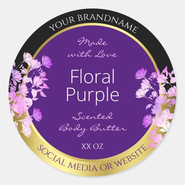 Elegant Floral Product Label Black Gold and Purple (Front)