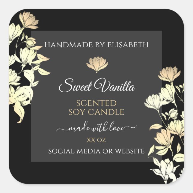 Elegant Floral Product Packaging Labels Black Gold (Front)