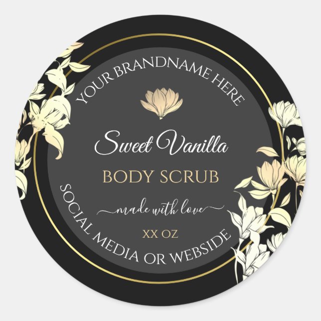 Elegant Floral Product Packaging Labels Black Gold (Front)