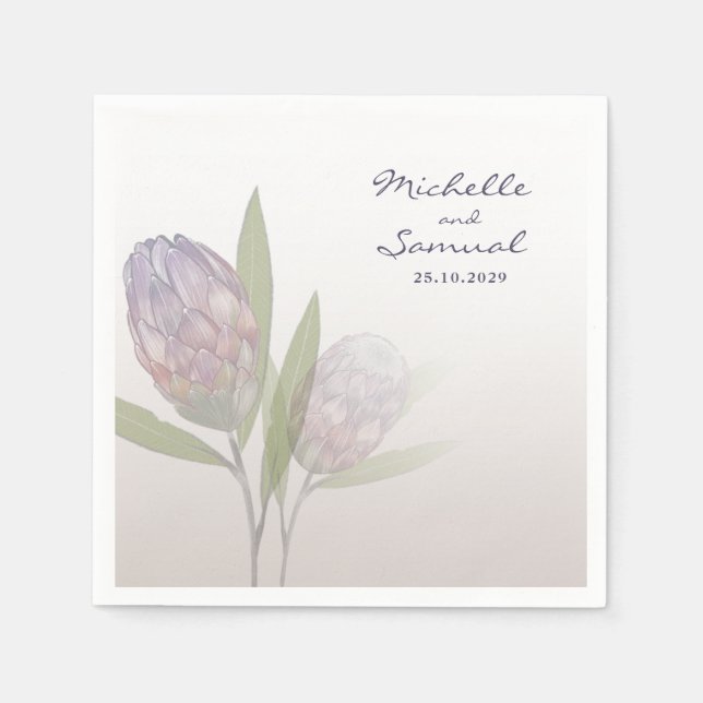 Elegant Floral Protea Purple Beige Wedding Napkins (Front)